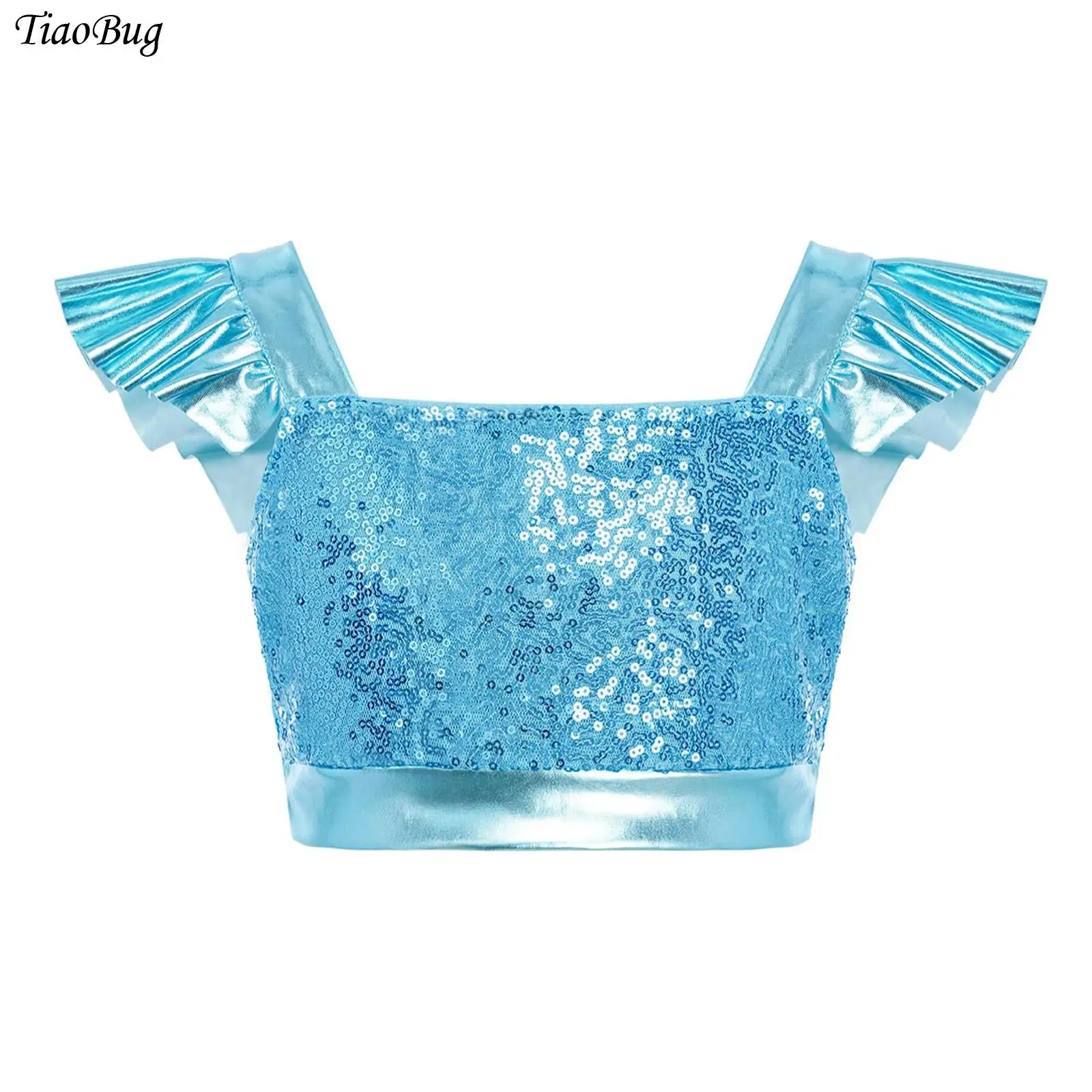 

Детские блестящие танцевальные топы с пайетками для девочек, с рюшами на рукавах, металлический топ-жилет для музыкальных фестивалей, рейвов, вечеринок, джазовых выступлений