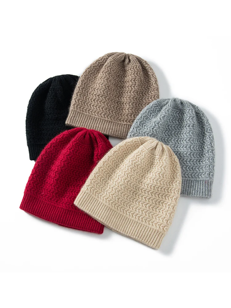 100%Cashmere Women'S Twisted Flower Thickened Warm Knitted Hat For Autumn&Winter Fashion Ear Protection Cold Proof Yarn Pile Cap