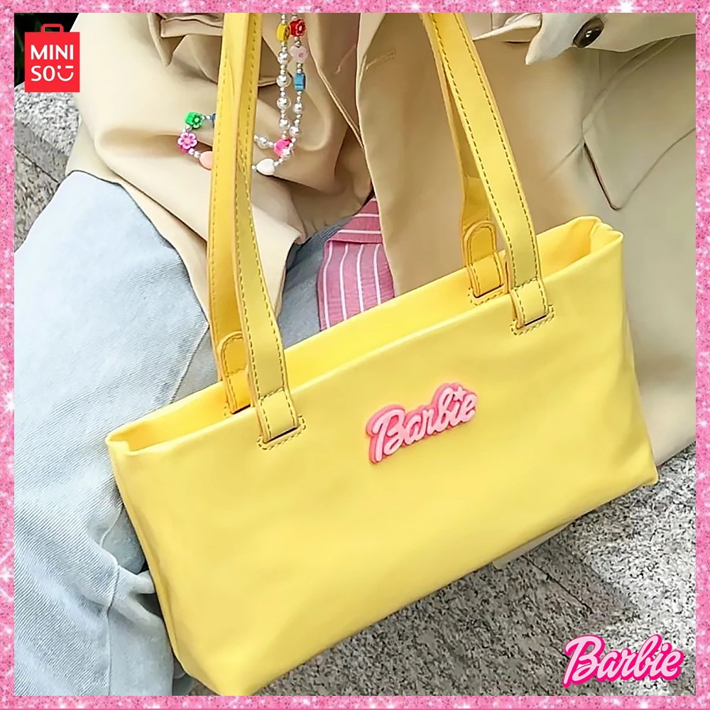 Miniso Barbie 2024 Pu Handbag Pink Letter Outgoing Shoulder Outgoing Bag Underarm Rectangle Casual Fashion Girls Birthday Gift