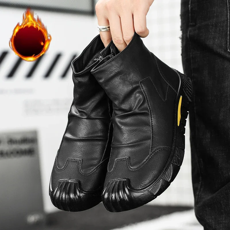 Men's Boots High Cut Workwear Men Shoes Autumn 2025 Flats Zipper Pleated Non Slip Comfort Thick Soled Wear-resistant Boots Men