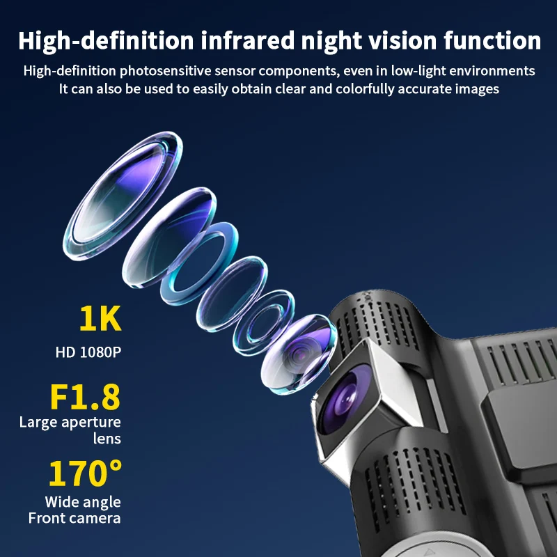 4-in-1 Dash Cam 1080P Front+Inside+Rear, 170° Wide Angle, Night Vision, Loop Recording, Waterproof Rear Camera Optional