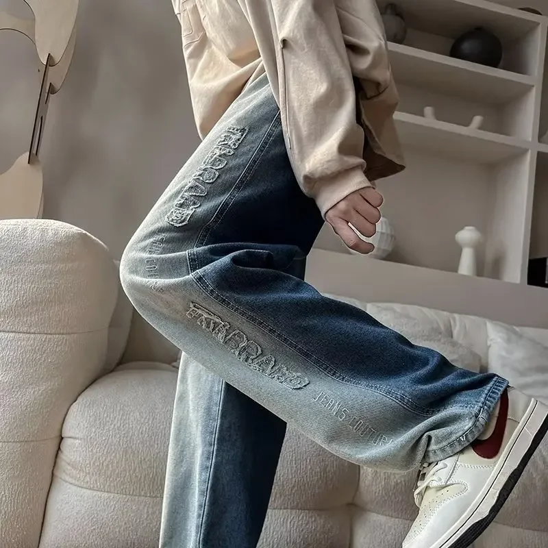 Jeans Männer Farbverlauf Lose Casual Gewaschen Vintage Denim Alle-spiel Patchwork Stickerei Herbst Koreanischen Stil College Täglichen Neue