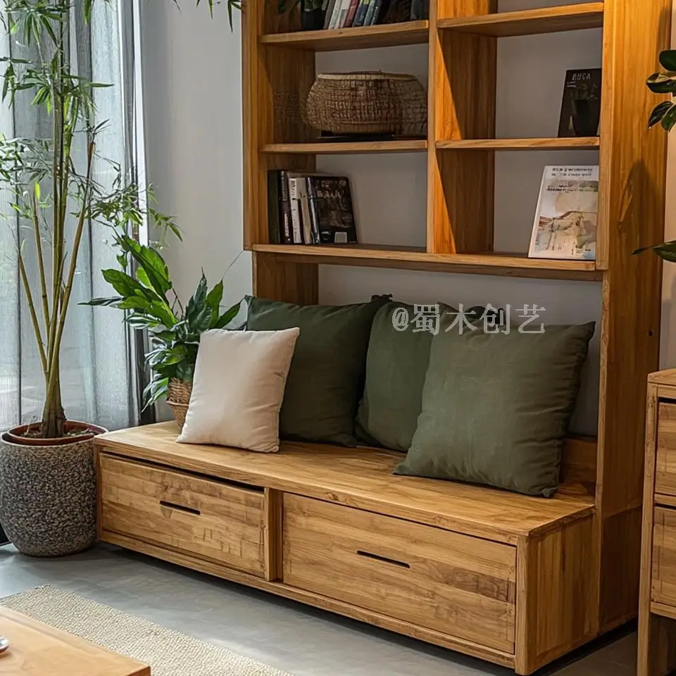 #Wood Modern Wall Bookshelf With Back Panel Tatami Conjoined Design Card Holder Full Wall Old Elm Sofa