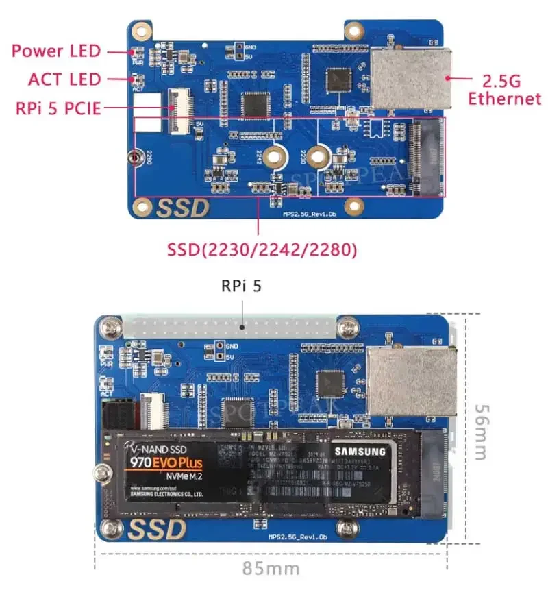 MPS2.5G Raspberry Pi 5 PCIe إلى NVME SSD و2.5G Ethernet RJ45 HAT RTL8125 2280 2242 2230