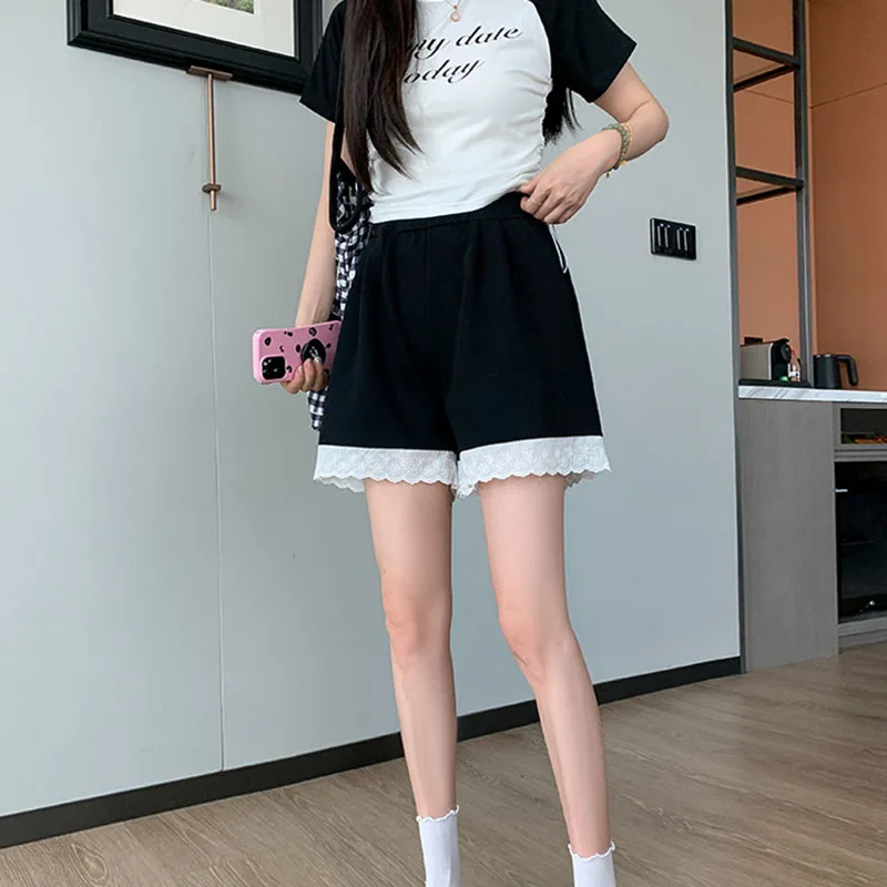 Pantaloncini da donna larghi basic estivi Pantaloncini a gamba larga patchwork in pizzo stile coreano Pantaloni corti casual da donna All-Match