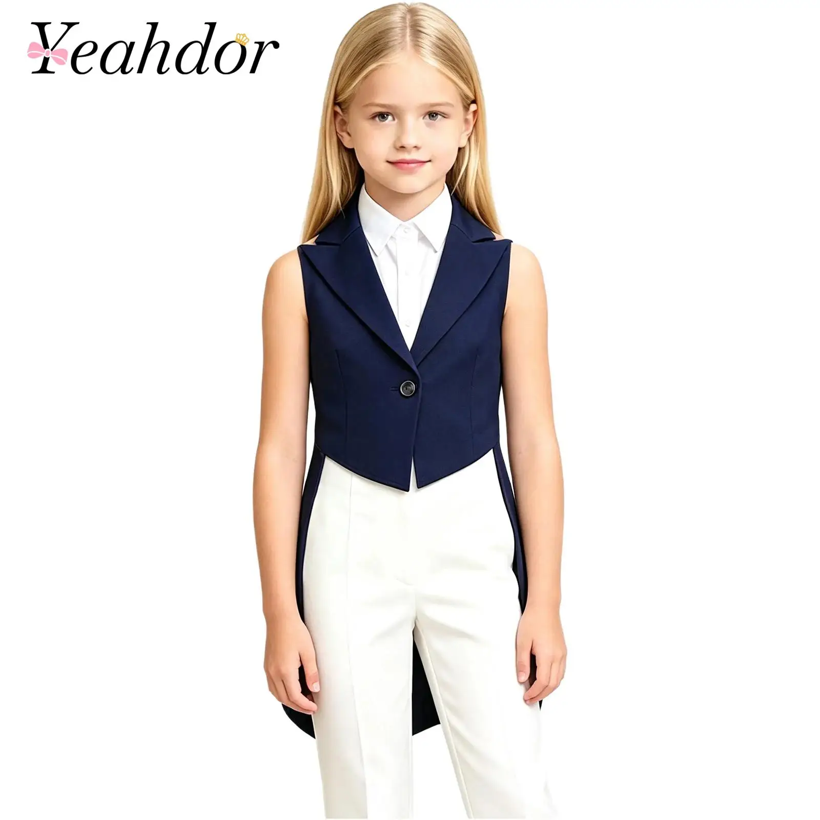 Kids Girls Sleeveless Vests Tailcoat Formal Blazer Lapel Waistcoat Swallowtail Jacket for Stage Party Magician Circus Costume