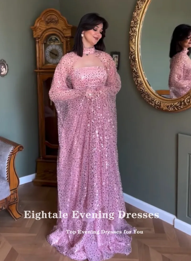 Eightale Luxus Abendkleider High Neck Langarm Glänzende Pailletten A-Line Angepasst Prom Hochzeit Party Kleid Vestido De Fiesta