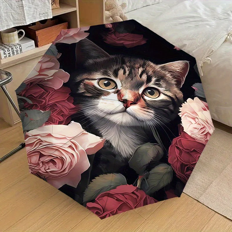 

1pc Cat & Roses Umbrella - 8-Rib Reinforced Frame, Automatic Open Compact Travel Umbrella, Lightweight Durable Fashion Gift fo