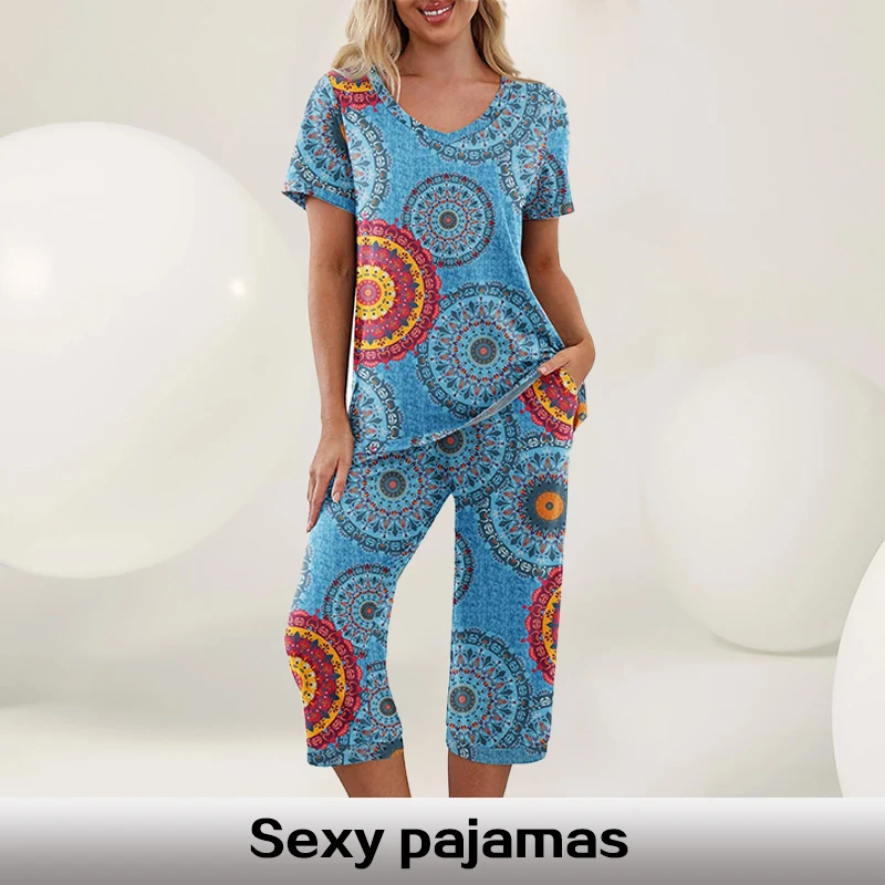 Conjunto de pijama de dos piezas para mujer, ropa de dormir informal, multicolor, cómoda, con estampado de mangas largas y pantalones largos, Sexy, V