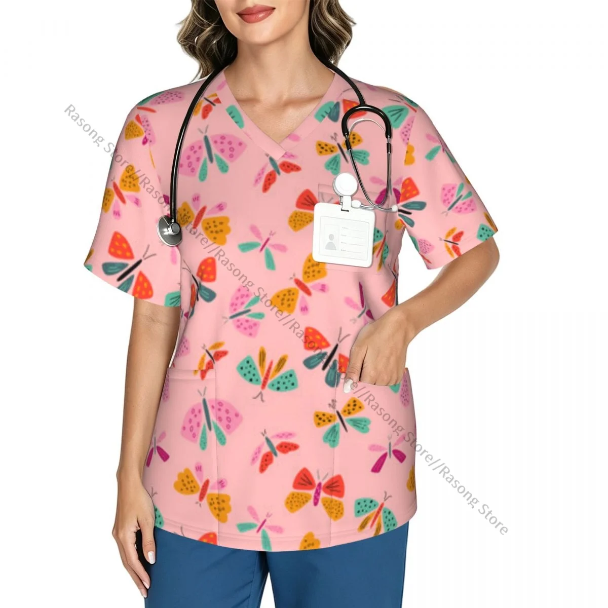 Butterfly Cute Flying Insects Scrubs tops medical uniforms women V Neck Stretch Scrub Shirt Dentist doctor Blouse