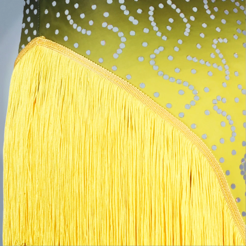 فستان مسابقة الرقص اللاتيني الجديد بأكمام طويلة، ملابس شرابة سامبا بياقة عالية، فستان رقص نسائي أصفر