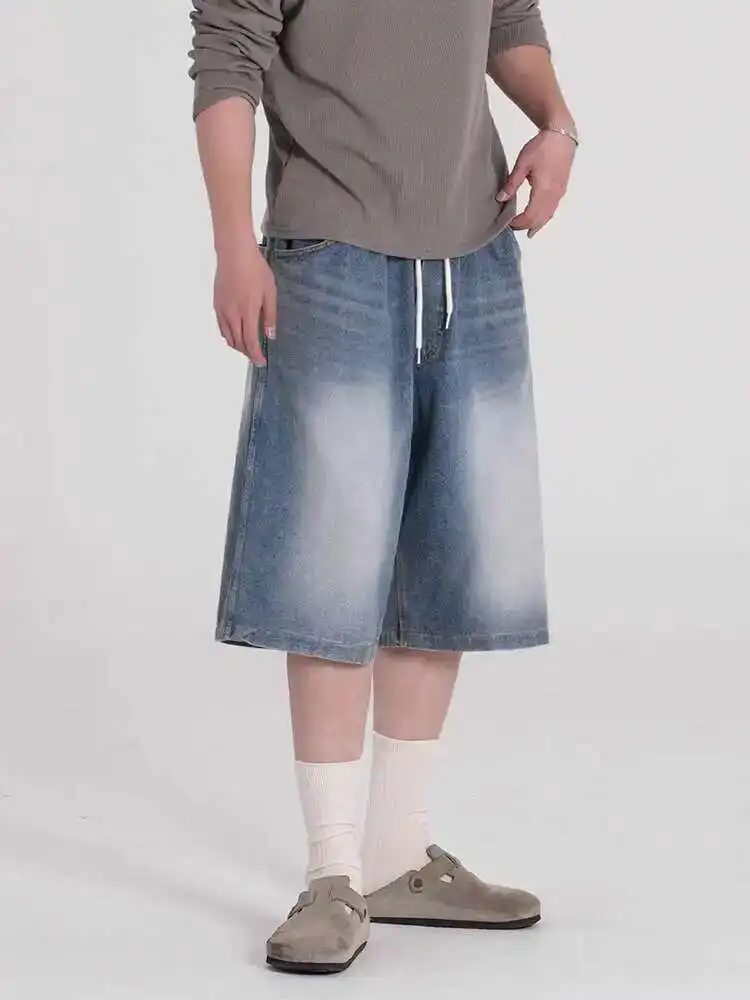 

Укороченные брюки, мужские модные широкие джинсовые шорты, летние свободные прямые повседневные джинсы, мужские штаны, новинка