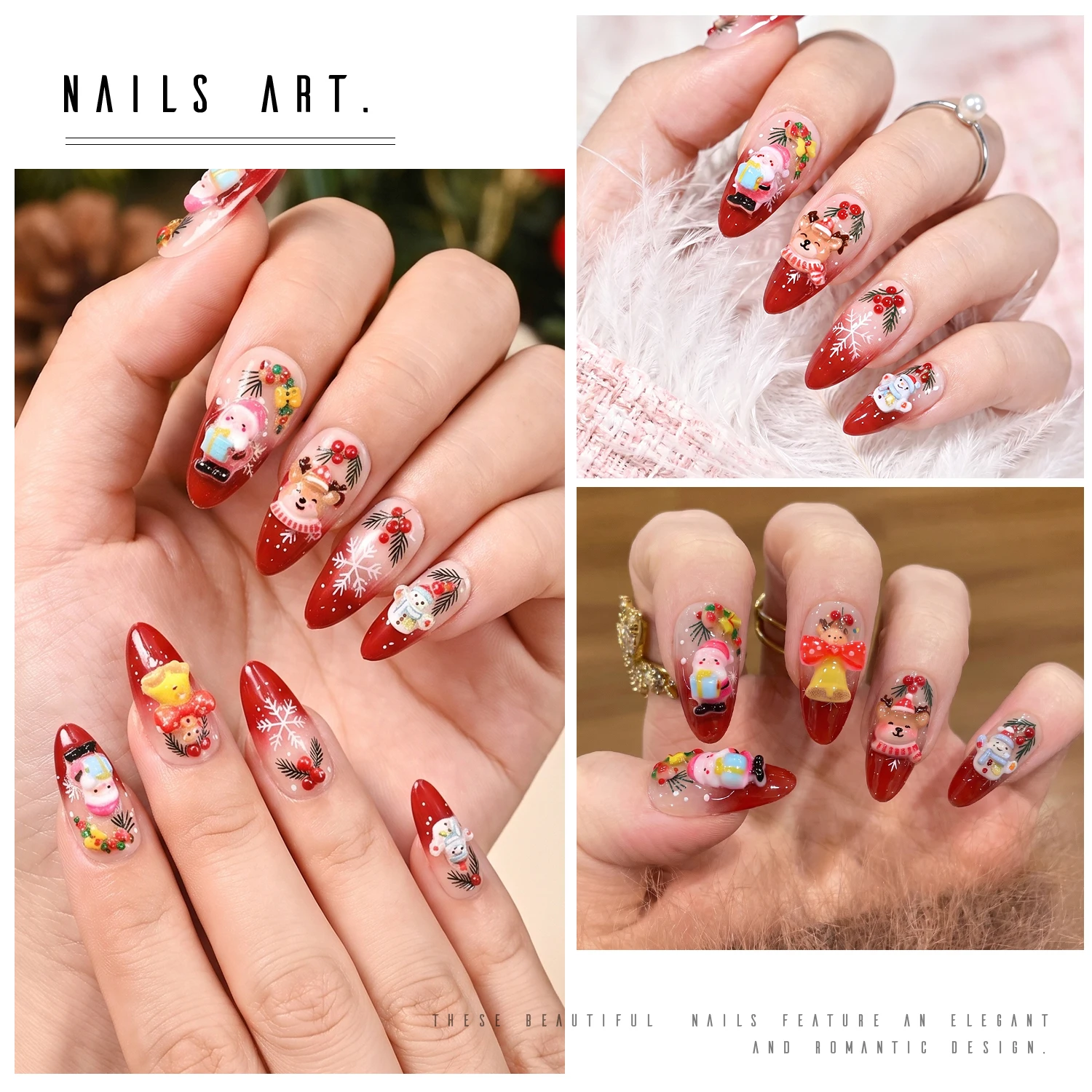 24Pcs Xmas Almond Press On Nails 3D Santa Reindeer Snowman Ornament Fake Nails For Christmas Eve Celebration & New Year Nail DIY