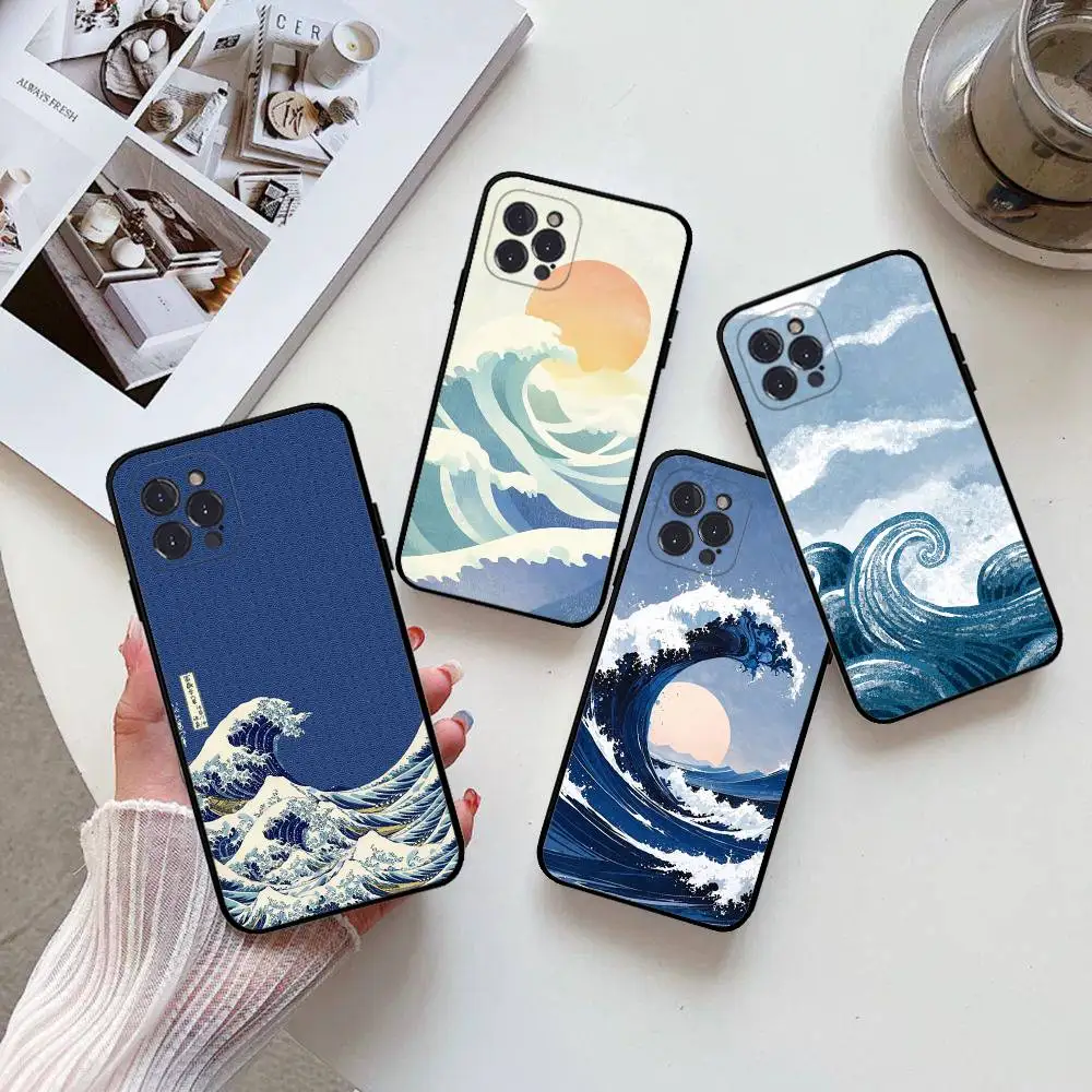 luxurious Japanese wave For iPhone 17 16 15 14 13 12 11 Pro Max Plus Shockproof Black Soft Phone Cover