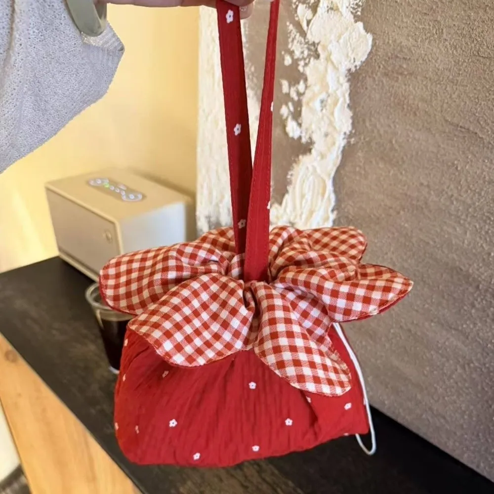 Sweet Flower Drawstring Handbag Cute Plaid Large Capacity Bucket Bag Double-Sided Flower Pattern Clutch Purse Shopping