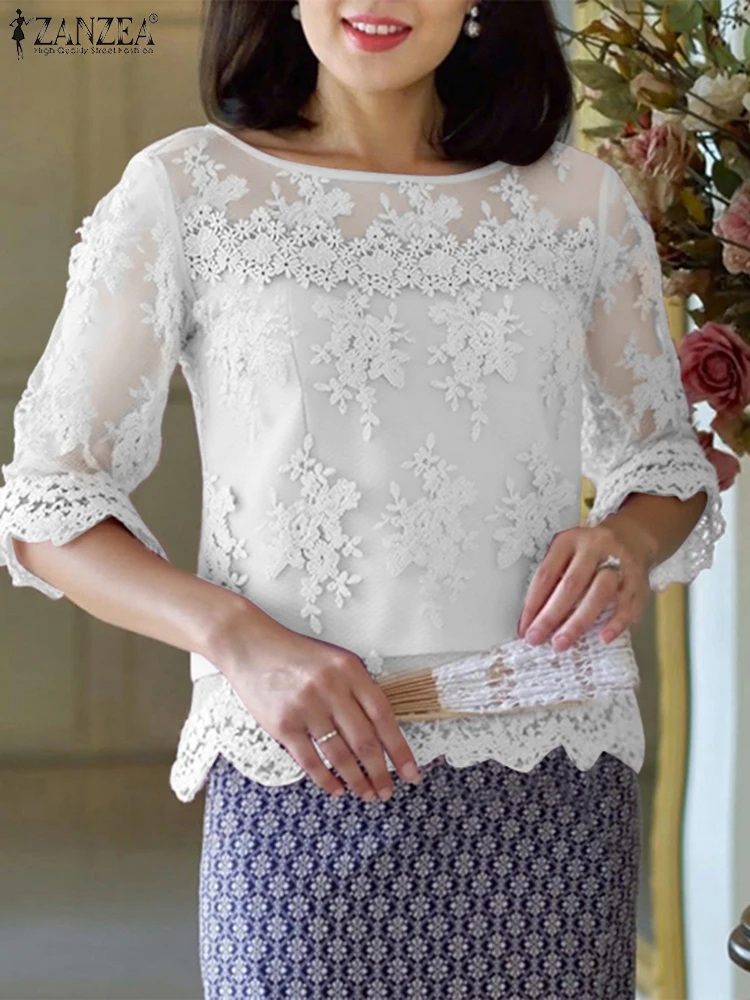 ZANZEA Autunno Elegante Camicetta da donna Maglia Patchwork Camicie See-through Casual Top 2025 Manica a lanterna Pizzo Office Lady OL Blusas