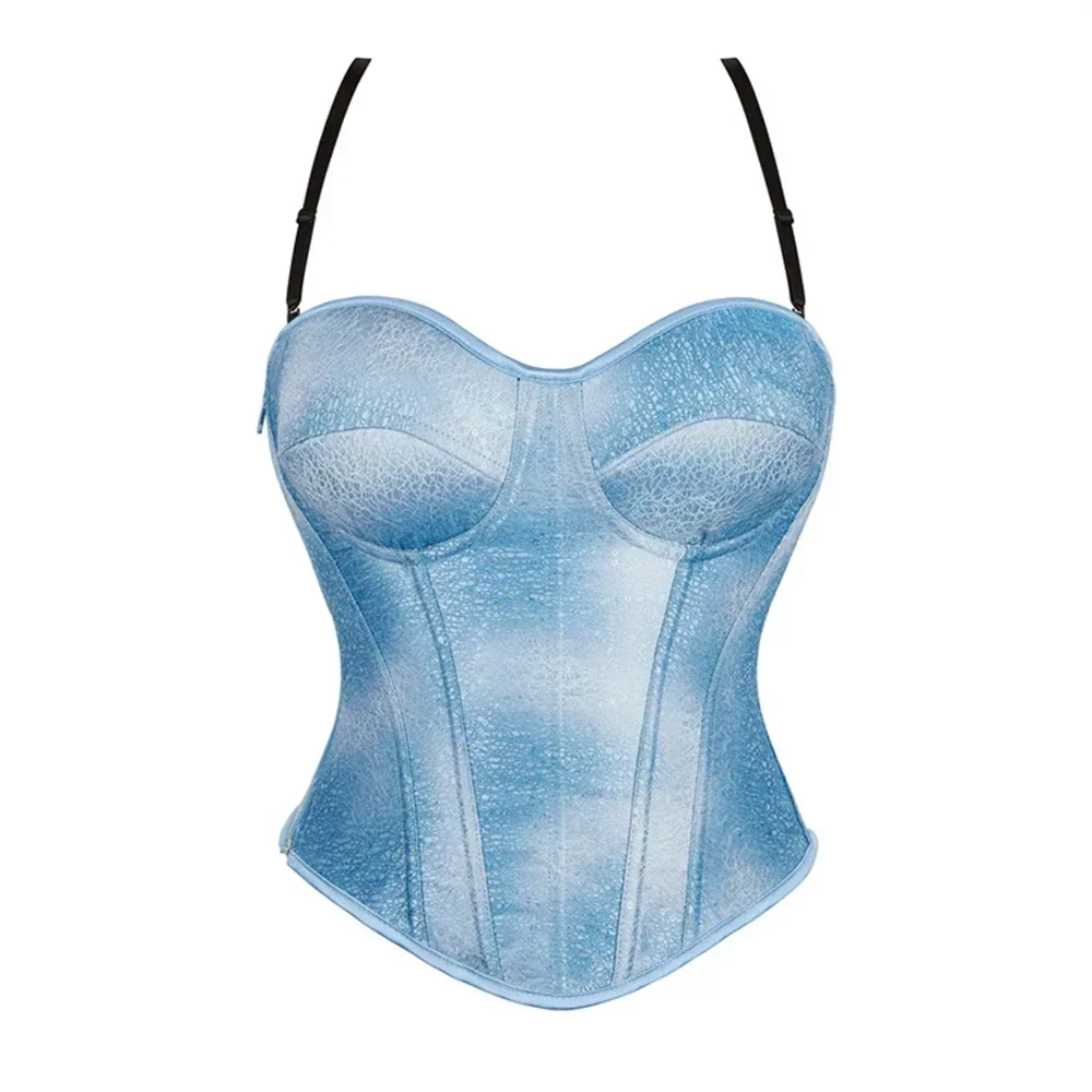 

Fashion Blue Side Zipper Overbust Corset Tops Women Sexy Lingerie With Bra Cup Slimming Spaghetti Straps Bustier Vest