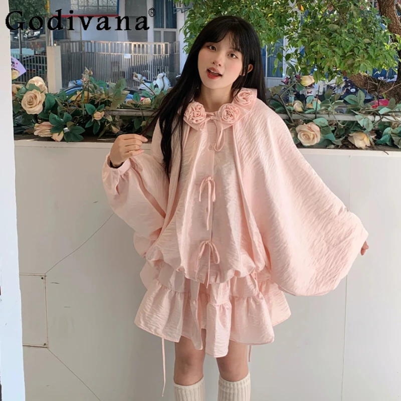 

2026 Spring New Sweet Roses Pink Bat Sleeve Loose Jacket Fashion Elastic Waist A-line Versatile Age Reduction Fairy Short Skirt