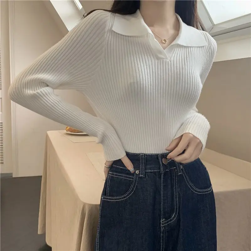 Autumn Winter Women Lapel Pullover Sweaters Basic Long Sleeve Knitted Sweater for Woman Solid Color Jersey Tops Clothes Mujer