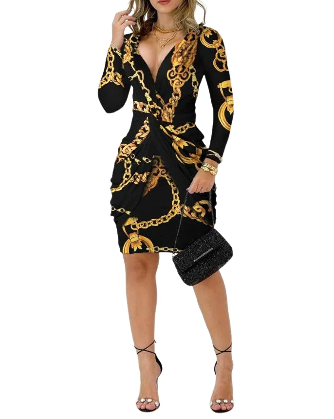 Elegant and Pretty Women\'s Dresses 2023 Fashion Sexy Deep V-Neck Baroque Chain Print Twist Detail Party Dress Female Clothing