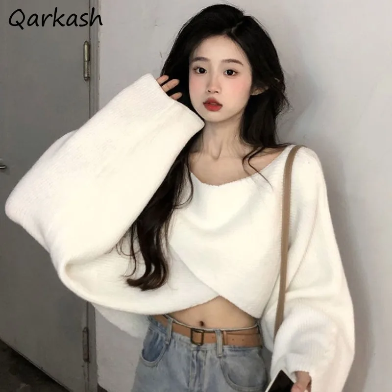 

Knitted Pullovers Women O-neck Criss-cross Long Sleeve Sweaters Cropped Tops Elegant Sweet Slouchy All-match Korean Chic Girl