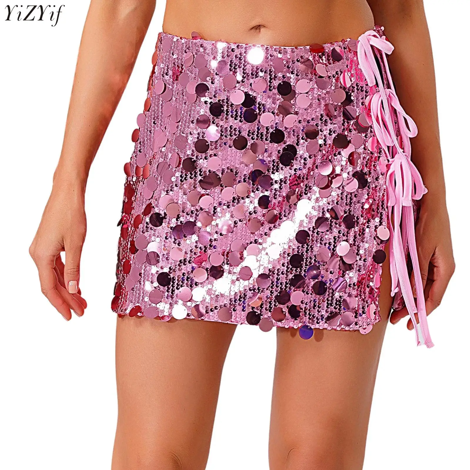 

Womens Miniskirt for Latin Jazz Dancewear Sparkly Sequin Mesh Fully Lined Side Slit Lace-up Bodycon Skirt for Rave Party Club