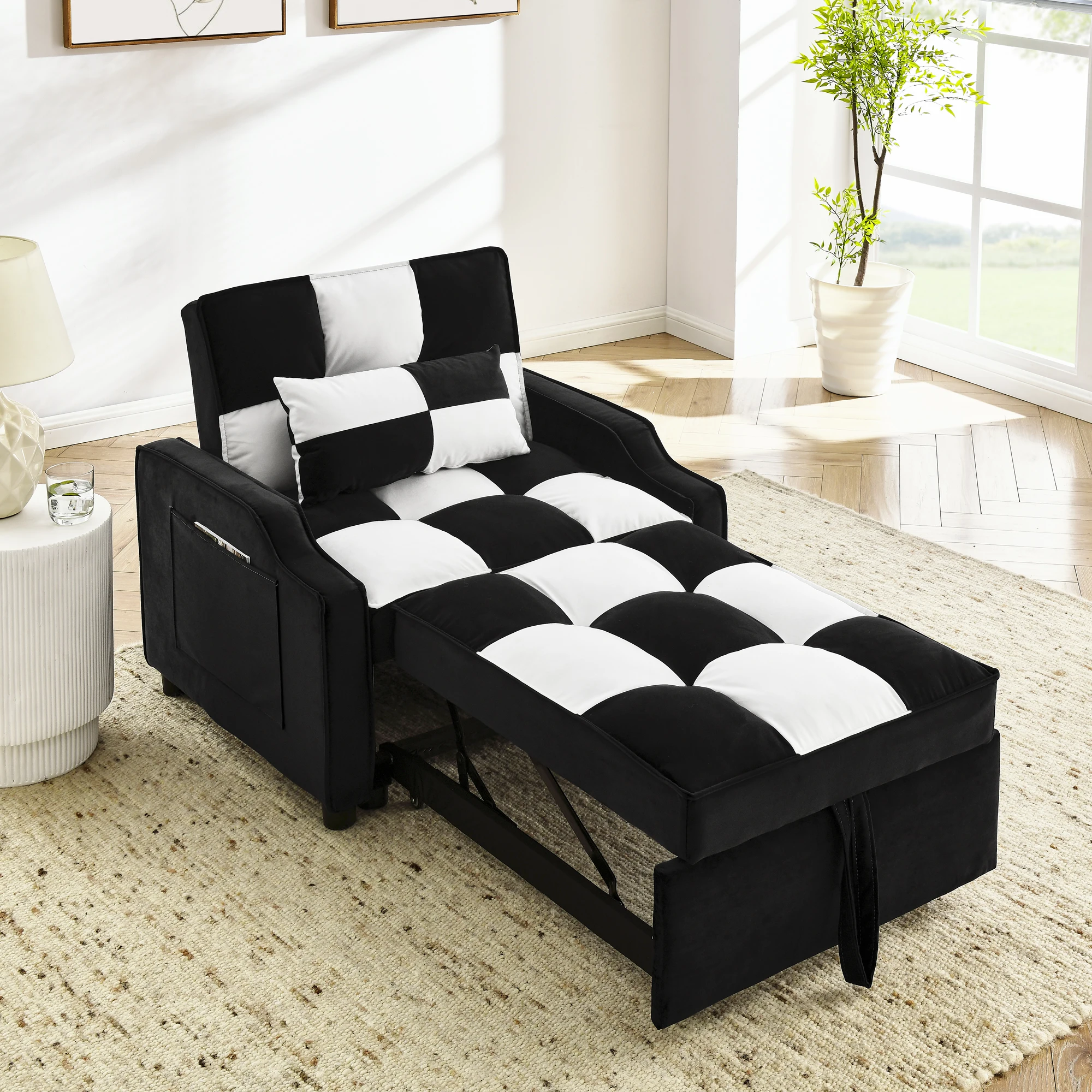 modern velvet armchair sofa couch pull out bed,3 in one convertible for living room sofa bed,black white