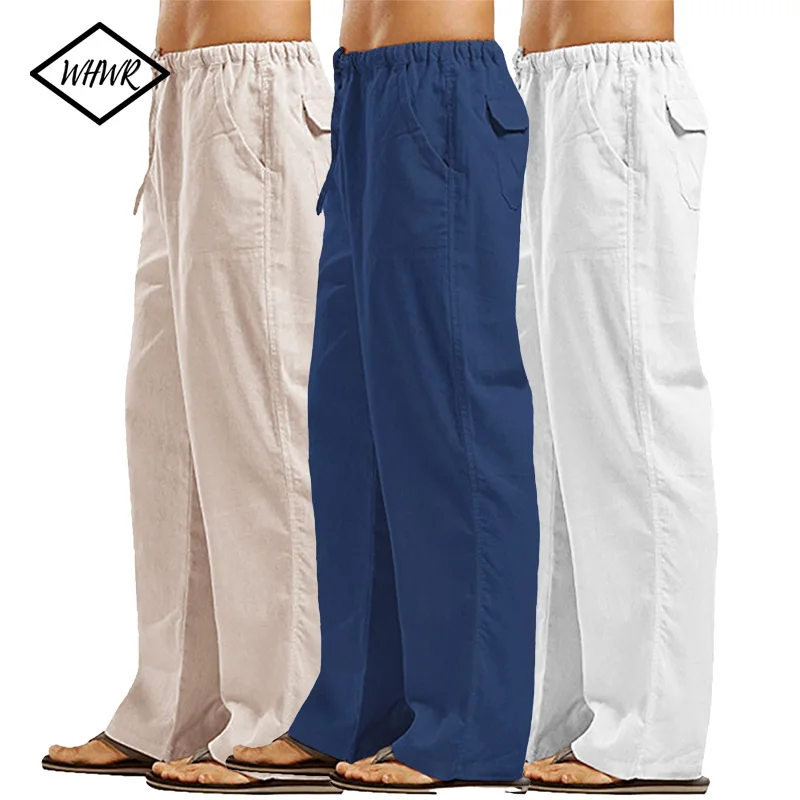 Men's Long Pants Lightweight Drawstring with Pockets Comfortable Straight Leg Casual Trousers for Summer Beach Wear