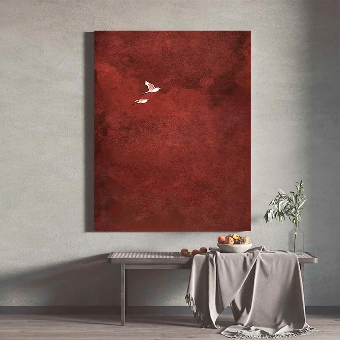 "Crimson Sky Birds Abstract Wall Print Decor - Minimalist Textured Painting of Two Birds in Flight Against a Deep Red Background view 2