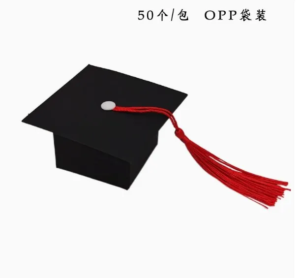 

50pcs Candy Box Graduation Hat Design Red Tassel Keepsake Container For Party Favors Table Centerpieces Decoration Storage