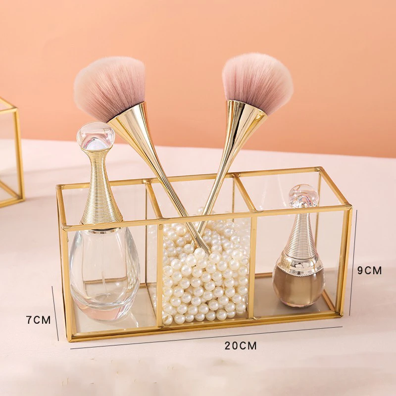 Simple Glass Makeup Brush Storage Container Luxury Desktop Comb Beauty Brush Lipstick Perfume Storage Box Vanity Table Bathroom