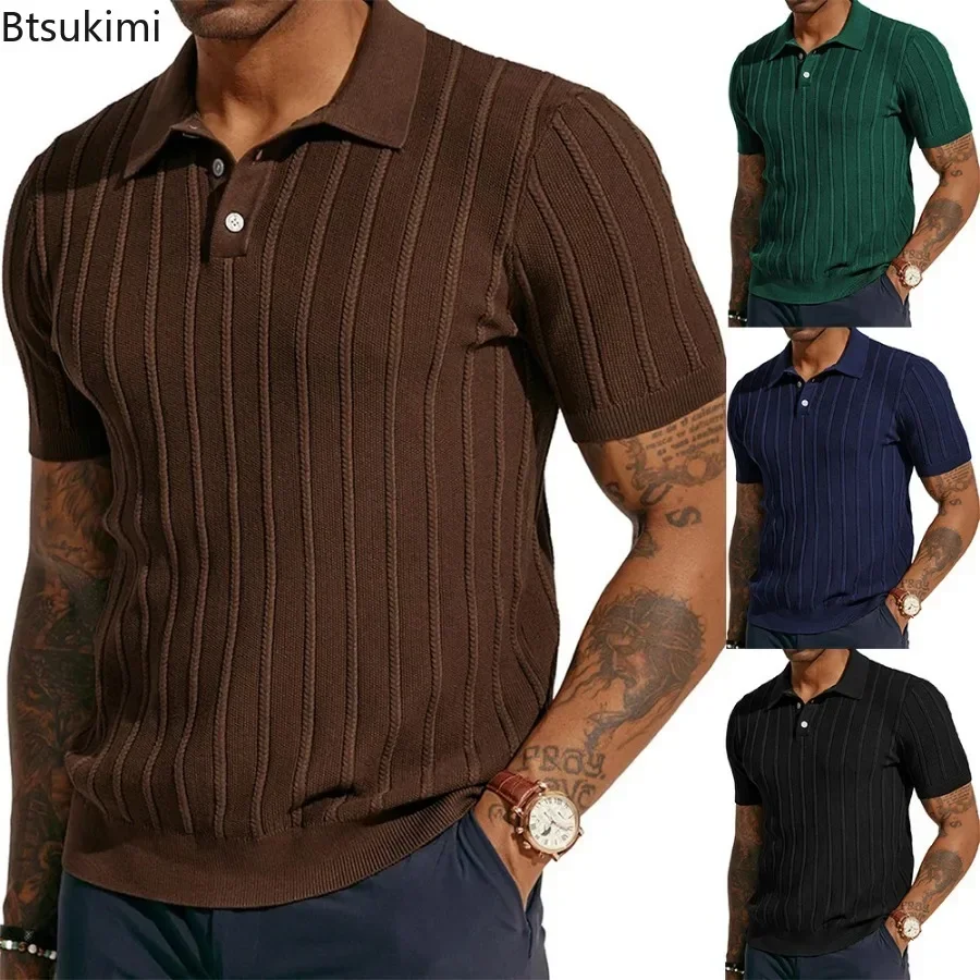 Fashion Vintage Striped Knit Shirts Men\'s Solid Short Sleeve Comfy Breathable Tops Summer Cool Casual Polo Shirts Golf Wear Male