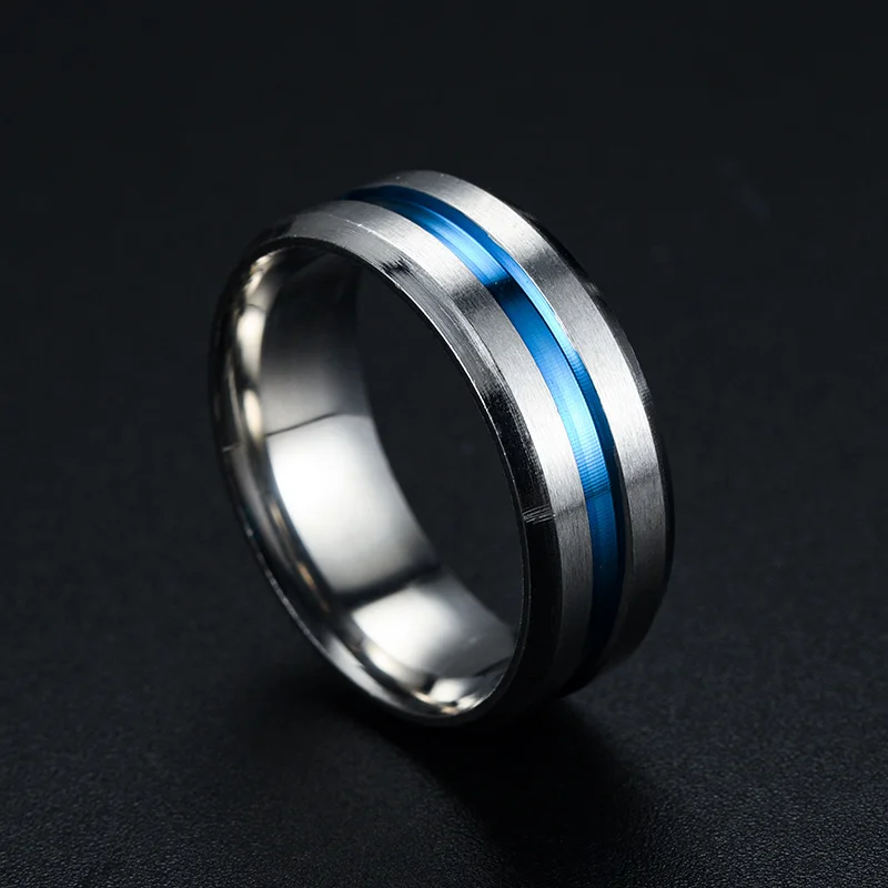 

Punk 8mm Blue Groove Beveled Edge Stainless Steel Rings for Men Women Club Party Jewelry Gift