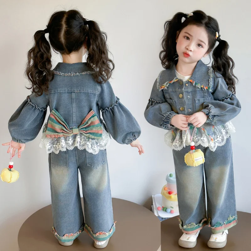 

Girls2026New denim outfit for babies and children, stylish lace jacket and casual jeans two-piece set for spring and autumn