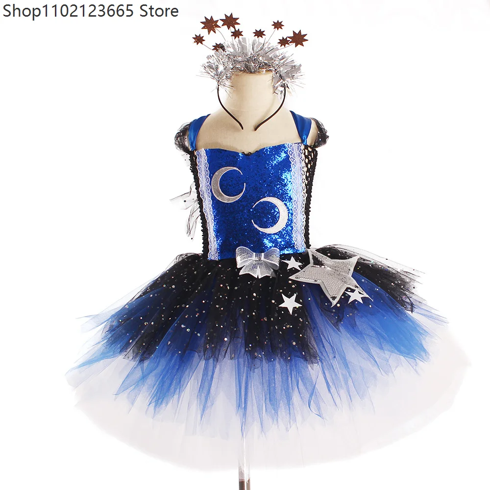 Stunning Glittering Galaxy Chicas Tutu Dress Night Sky Stars Moon Niños Halloween Costume Sparkly Pageant Gala Party Ball Gown
