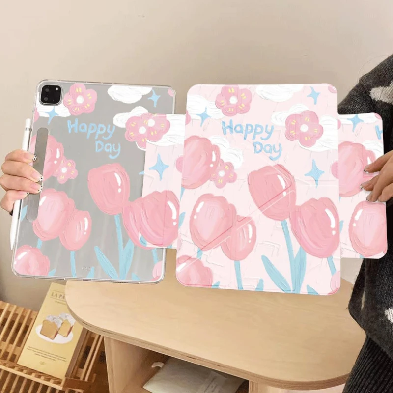 Y-fold Stand Tablet Cover for Ipad Pro 11 Case Ipad 5th 6th Generation IPad 10.2 8th 9th Gen 10.9 10th Gen Tulips Print PC Shell