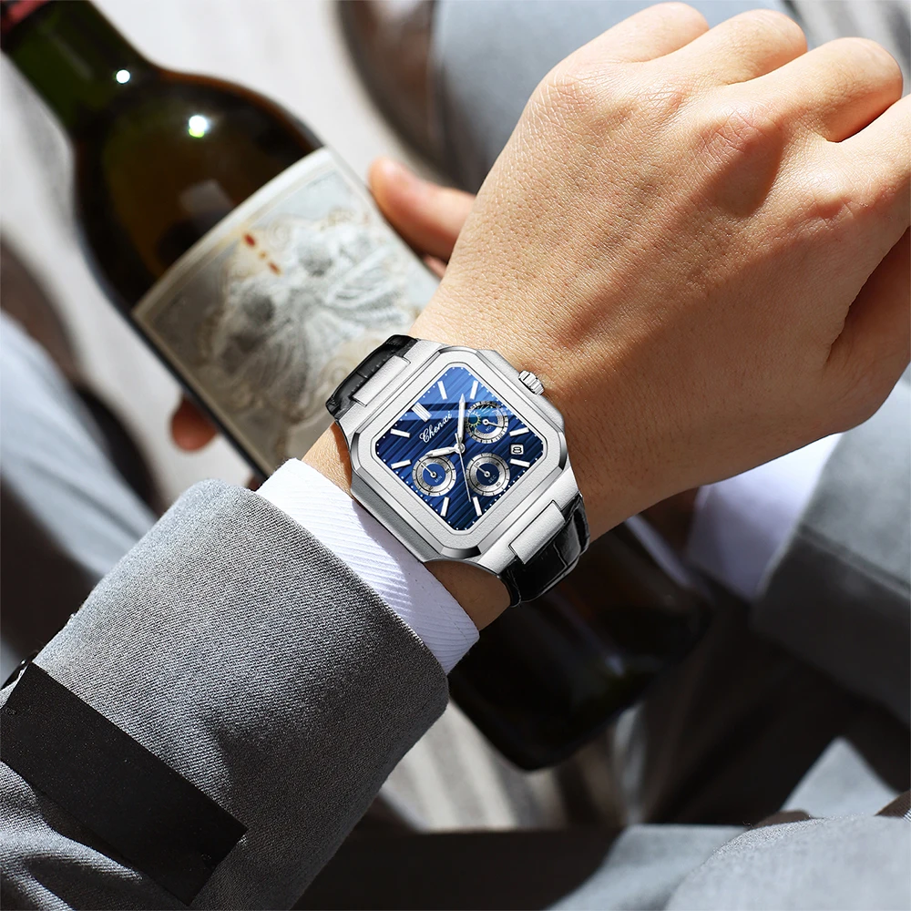 CHENXI Relógio de pulso masculino de negócios mostrador quadrado calendário display relógios de quartzo à prova d'água luminoso cronógrafo relógio masculino