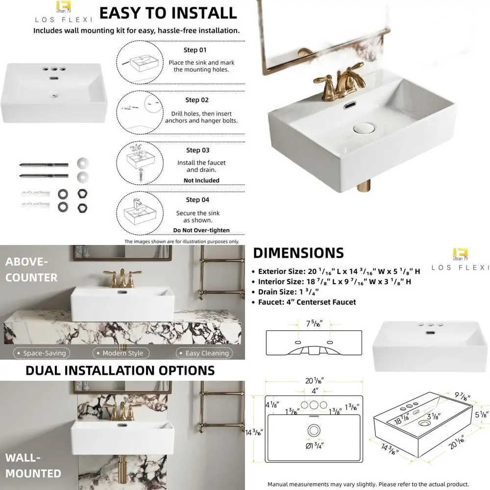 

20 Wide x 14 Deep Wall-Mounted Modern White Ceramic Bathroom Sink with 3-Hole Faucet Setup and Overflow