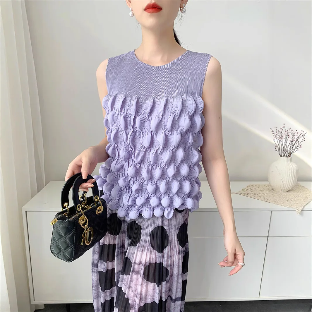 Handmade Summer 2025 New Arrival Casual Sle Bubble Pleated T-irt round Ne Svel Versatile Vest Top for Women