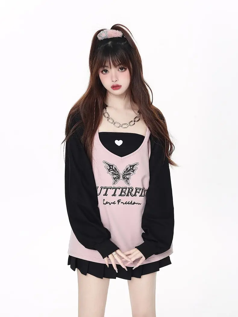 Y2k Aesthetic Clothes 2 Piece Set Women Butterfly Print Contrast Color Loose Sweatshirt + Solid Love Vest Streetwear Fairy Tops