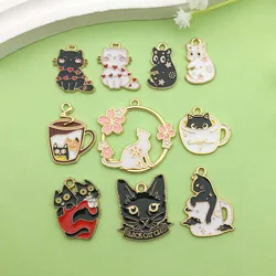 10pcs Enamel Cartoon Cute Cat Design Charms Alloy Metal Animal Pendants for DIY Bracelet Necklace Jewelry Making Accessories