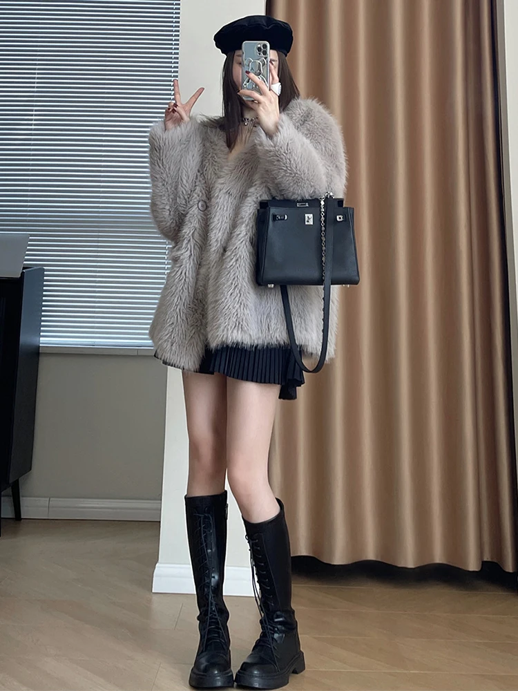 Winter Fluffy Jacket for Women 2023 New Thick Warm Elegant Lady Furry Outerwear V-neck Long Sleeve шуба искусственный мех