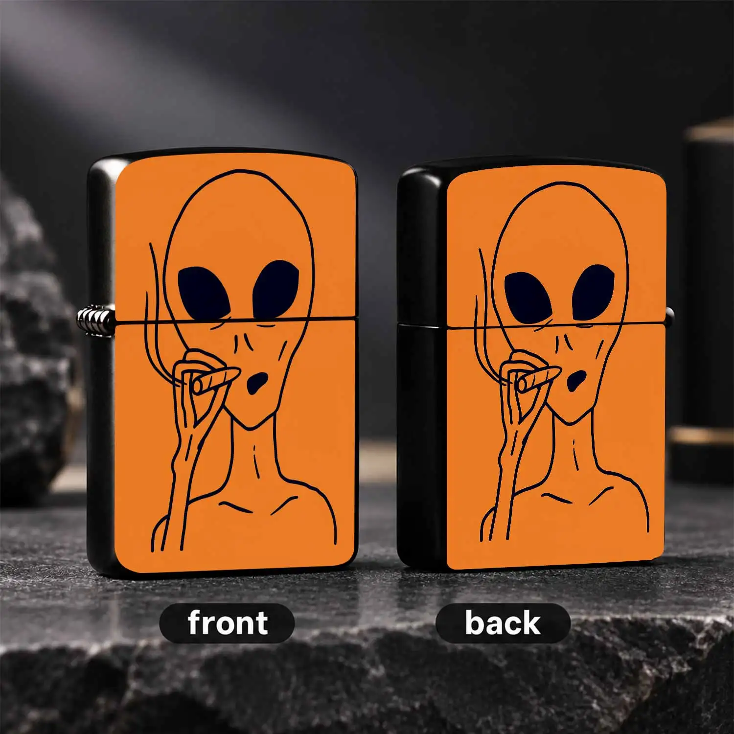 Funny Alien Pattern Lighter Bright Orange Background Portable Lightweight Daily Use Ignition Tool Ideal For Travel Outdoor Home Various Occasions Unique Creative Decoration Nice Gift For Friends Alien A Humorous And Interesting Lighter