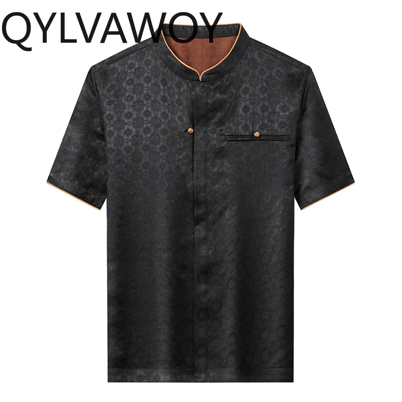 

QYLVAWOY 100% Mulberry Silk Men's Shirts High-end Satin Shirts for Man Short Sleeve Tops Luxury Man Clothing Chinese Style Shirt