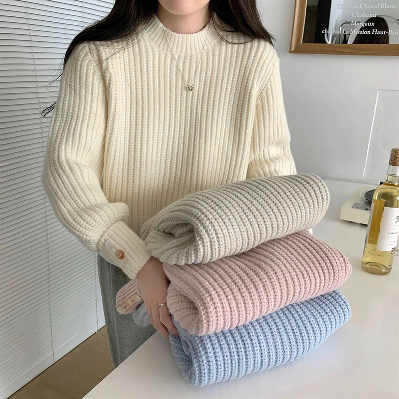 

Korean Chic Knit Sweater Women Long Sleeve O Neck Solid Simple Casual Pullovers Loose Office Lady Fall Winter Bottoming Jumpers