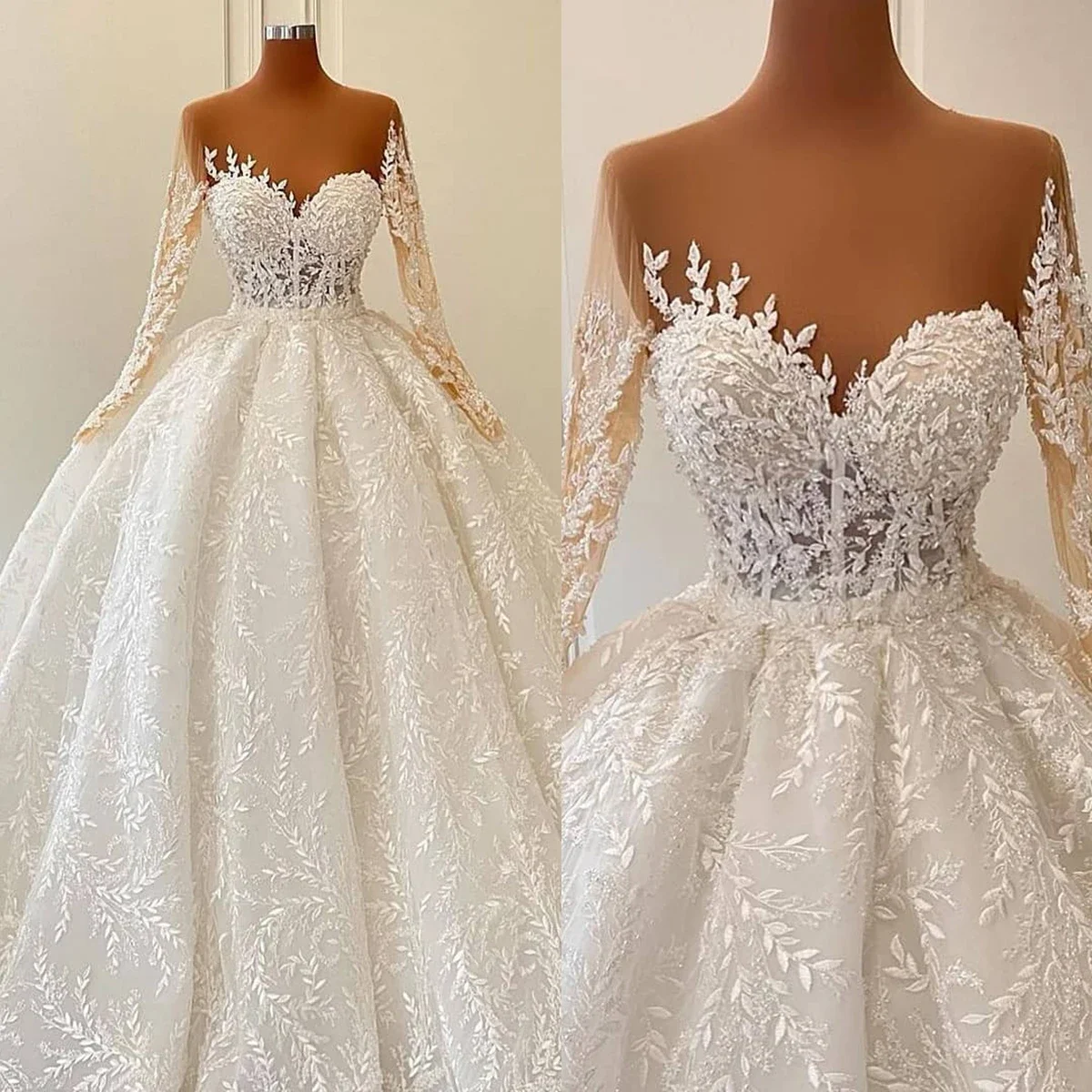 Flavinke Abiti da sposa classici personalizzati Applicazioni di foglie Nuovi abiti da sposa lunghi con scollo a cuore Treno Robe Vestido De Noiva Taglia