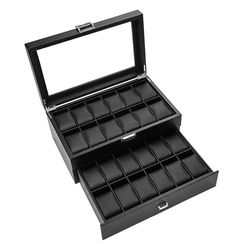 Watch Box Organizer Storage Luxury jewelry Double Layer 24 Slots Case Carbon fiber PU Black Display Box Square Glass Cabinet