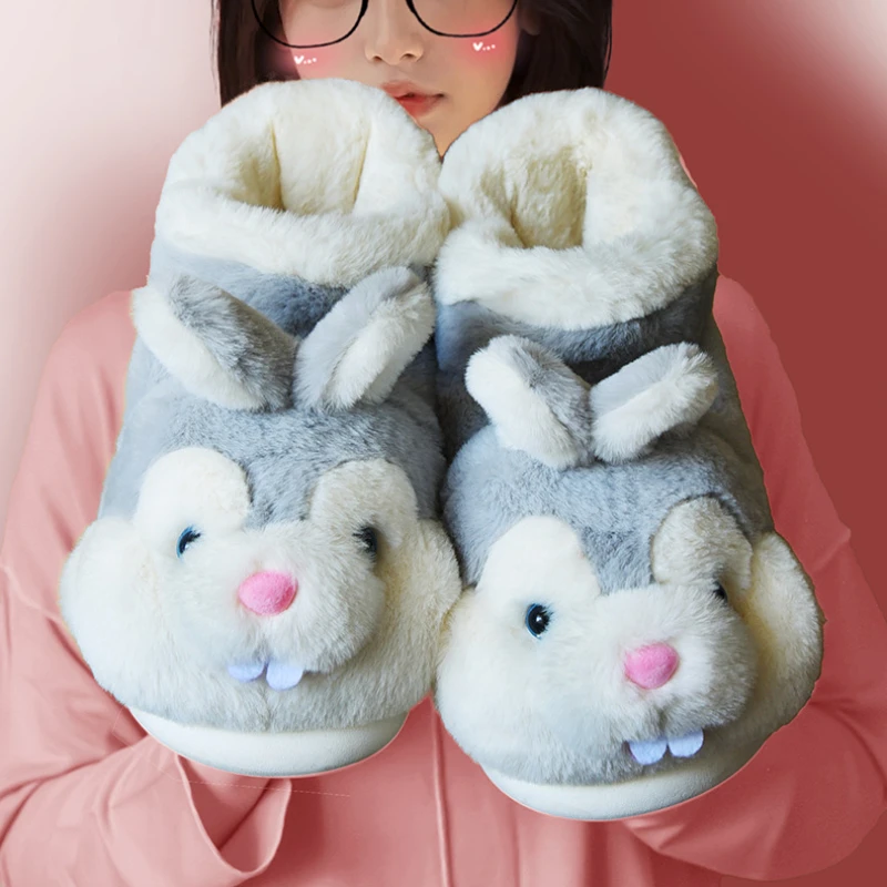 Women Winter Warm Shoes 2024 Plush Lining Indoor Cotton Slippers Cute Rabbit Soft Fur Couple Platform High Top Snow Boots