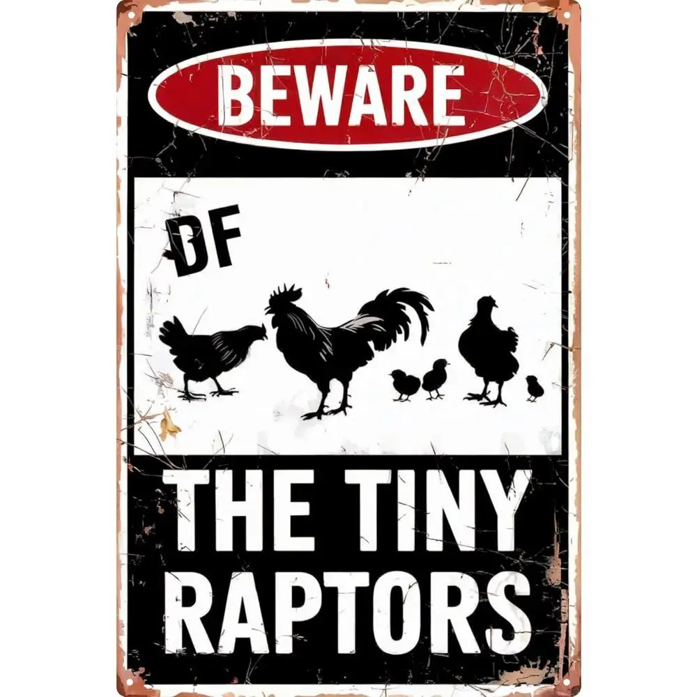 【2D Flat】 [2D Flat] Funny Beware of Chicken Sign – Metal Outdoor Warning Plaque with Humorous Tiny Raptors Warning for Chicken C