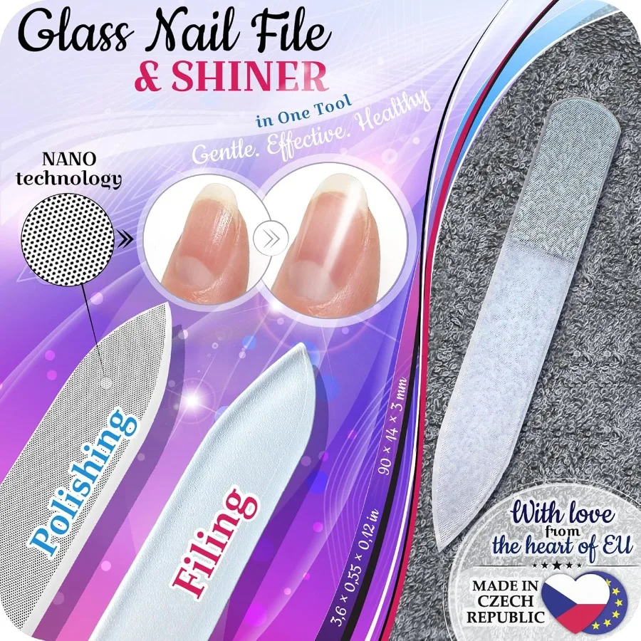 GLADZY Nagelfeilen-Set aus tschechischem Glas, multifunktionaler Nagelspüler, Puffer, Hornhautentferner, Fußraspel mit geätter Oberfläche, Glas-Nagelhaut